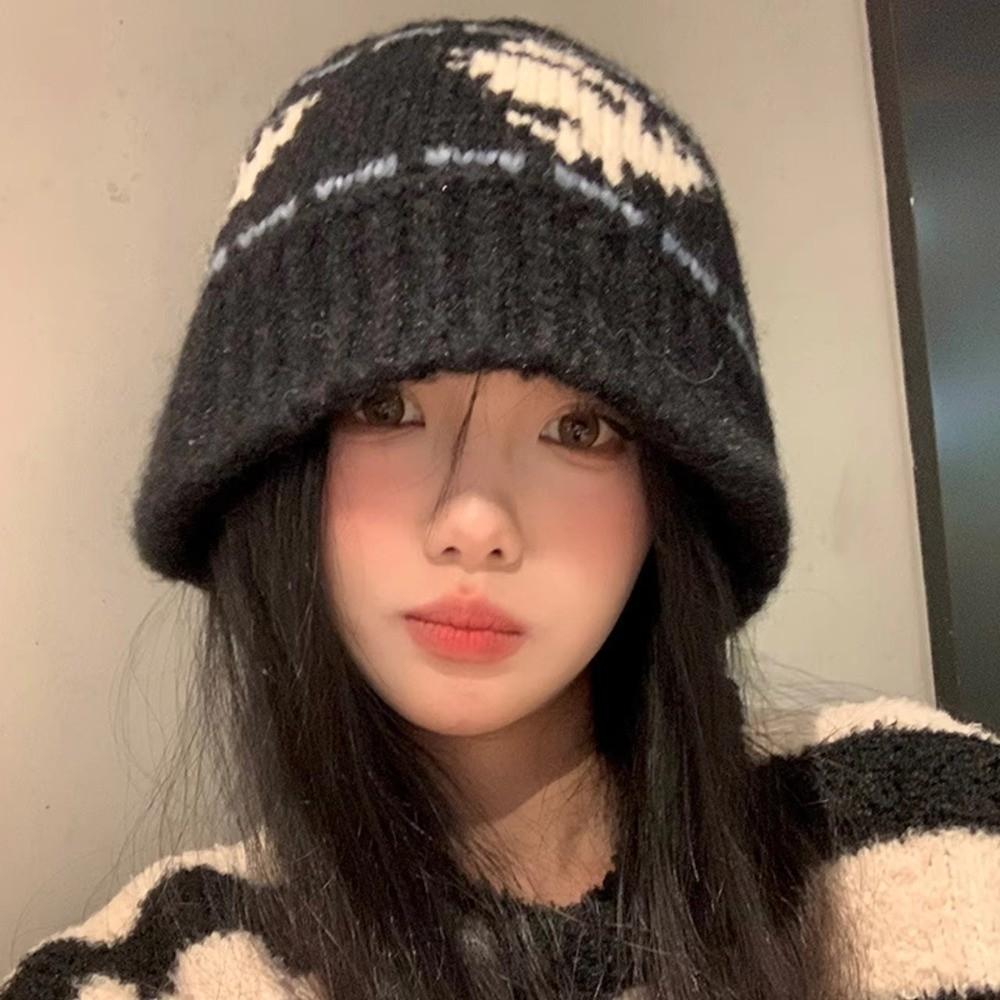 Vintage Jacquard Beanie Hats Wool Outdoor Fleece Sports Hat Fashion Women Fisherman Cap