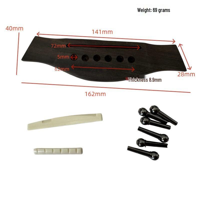 Solid Wood Guitar Bridge Set: Includes Saddle, String Pins, Upper & Lower Nut, Copper String Pin Set