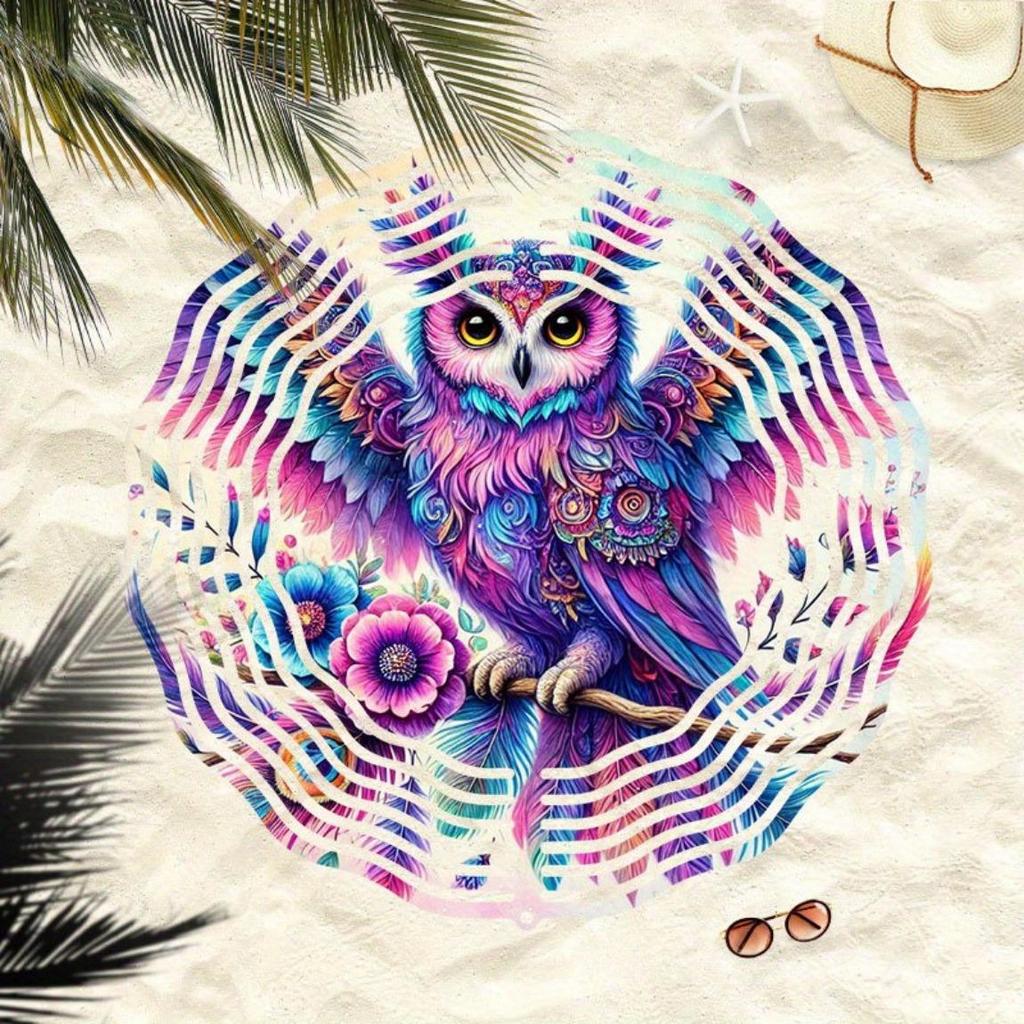Metal Rotating Wind Chime with Owl and Floral Design Colorful Outdoor Garden Decor Soothing Sound No Electricity Needed Holiday Home