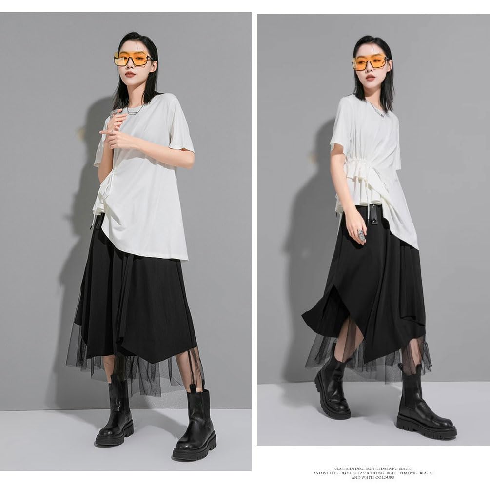 Morino Asymmetrical Short Draped Loose Women's T-Shirt, Sleeve, Hem, Slimming, Fit, Unique, Fashionable, Spring/Summer (L, White)