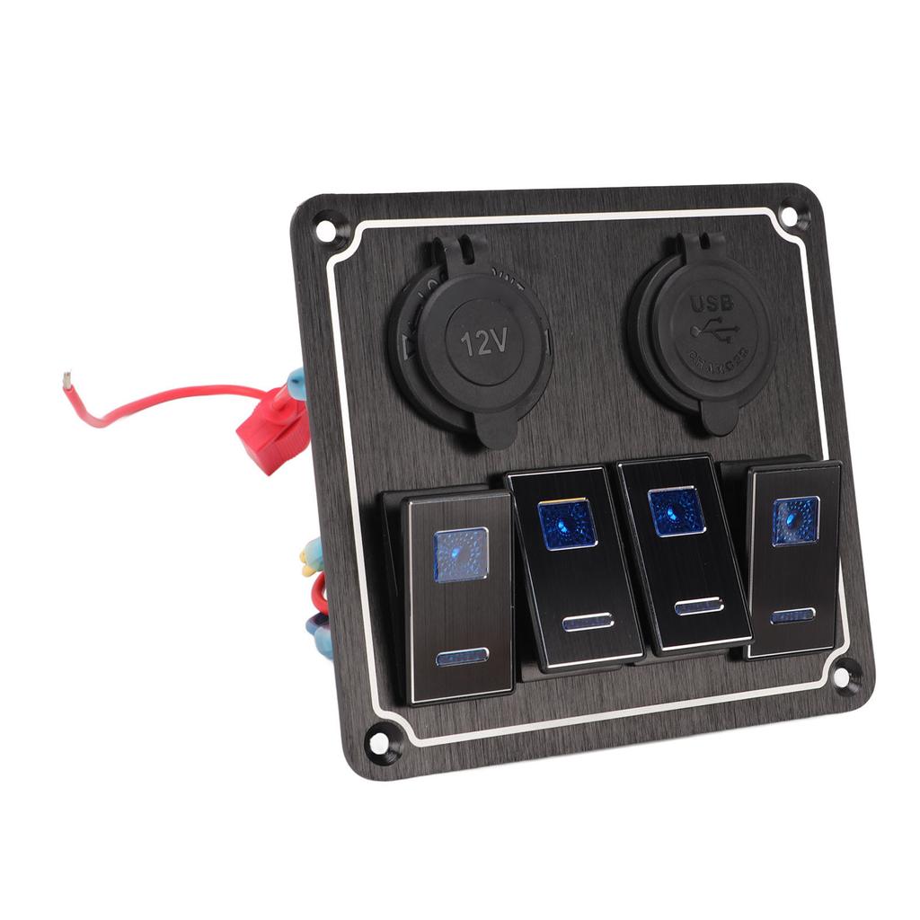 Rocker Switch Panel 4 Gang 12‑24V 5 Pin Blue Light Toggle On Off Switch Panel Overload Protection for Cars RV Trailer