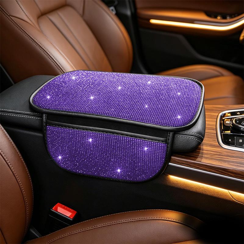 Bling Car Armrest Box Cushion With Side Phone Pocket Rhinestones Auto Center Console Protector Pad For Women Interior Accessorie