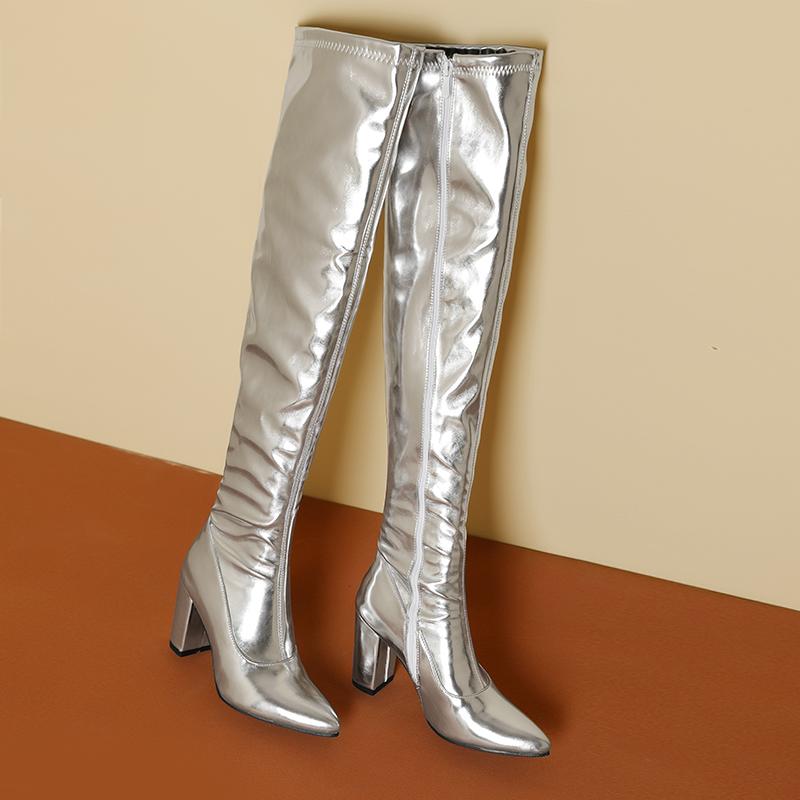 Luxury Over the Knee High Boots Women Sexy High Heel Party Dance Winter Shoes Ladies Silver Gold Thigh High Boot Big Size 45