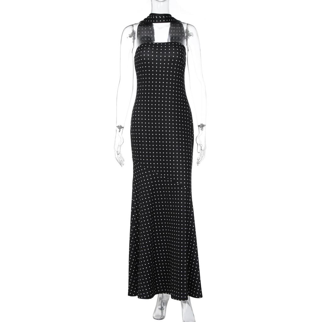 Women European Style Polka Dot Ribbon Strapless High Waist Slim Sexy Dress