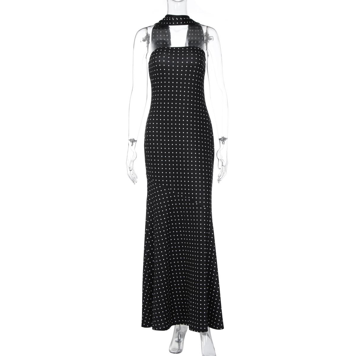 Women European Style Polka Dot Ribbon Strapless High Waist Slim Sexy Dress S