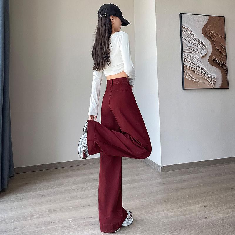 Wide-leg Encore Red Straight Jeans for Women In Autumn New High Waist Loose Thin Slimming Draped Floor Pants
