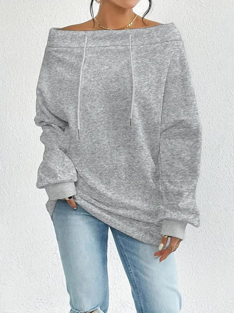 Women's Off Shoulder Long Sleeve Top Loose Fit Casual Solid Color Drawstring Midi Sweatshirt Daily Pullover