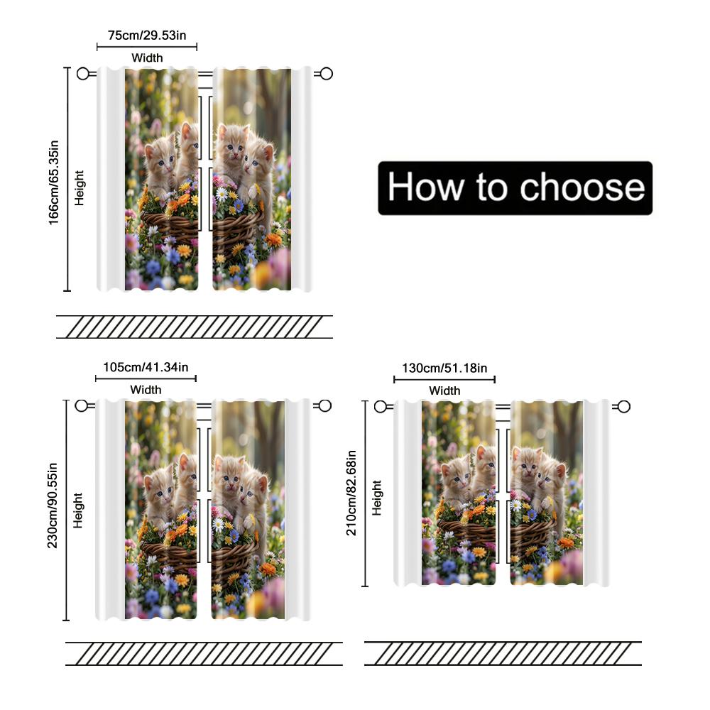 2 pcs, filtering curtains (excluding rods, non-movable, without batteries) Cat Pattern for use in bedrooms and living rooms