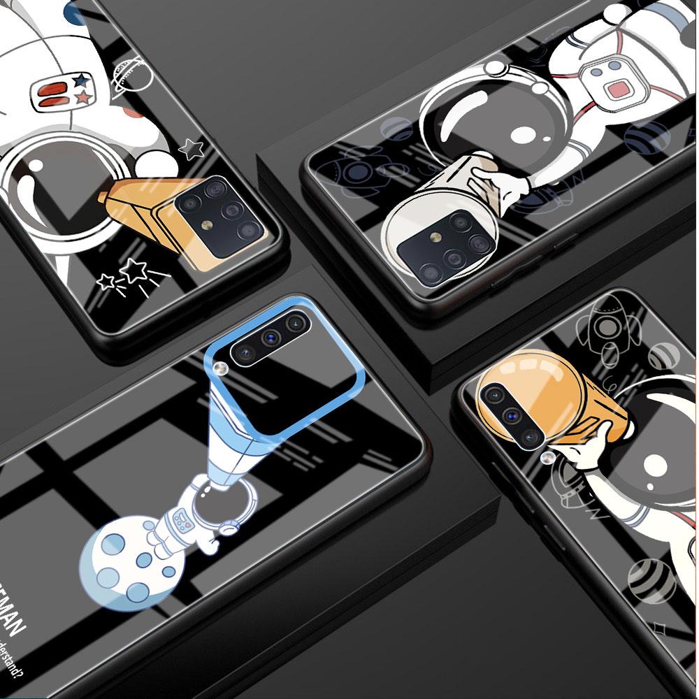 Cute Astronaut Glass Case For Samsung Galaxy A52 A71 A50 A51 A70 A21s A31 A72 A10 A12 A30 A22 5G Phone Cover