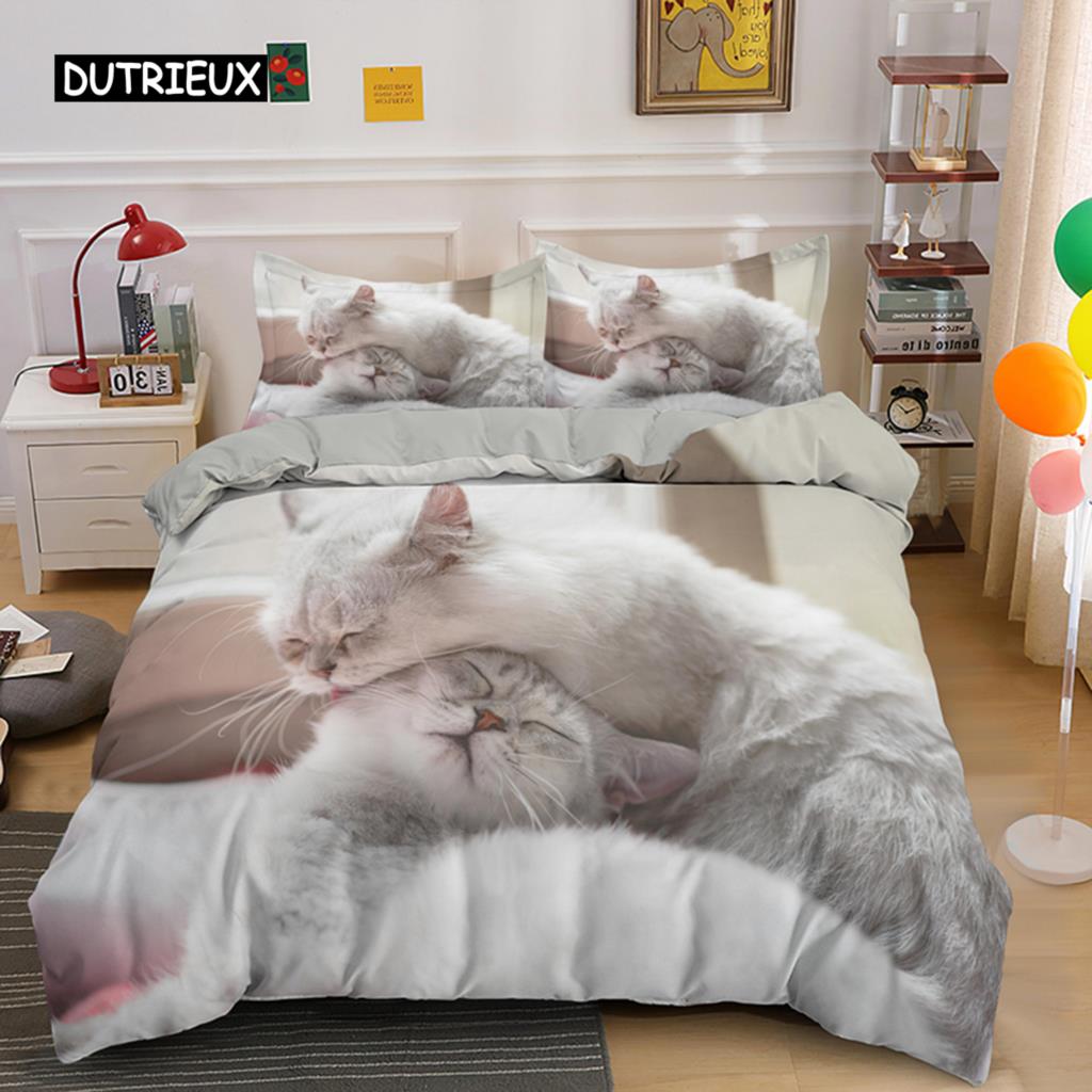 Liebliches Haustier Katzenbettwäsche-Set, Tierdruck Bettbezüge Einzel Doppel King Queen Größe Bettdeckenbezug, Kätzchenmuster Steppdeckenbezug