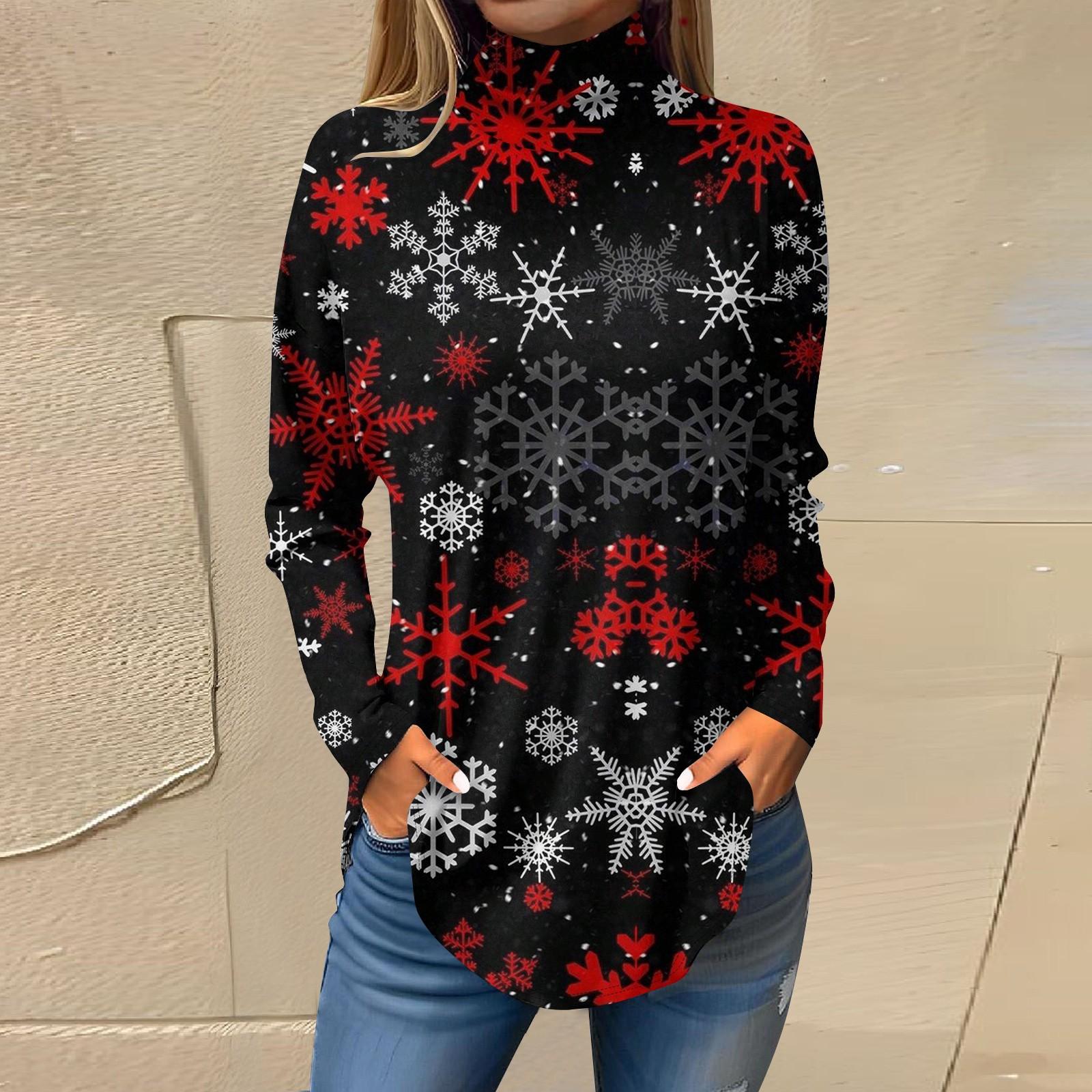 

Жіночі футболки для осені Повсякденні сорочки з довгими рукавами Світшоти Вінтажний пуловер з високим горлом і принтом XXXL