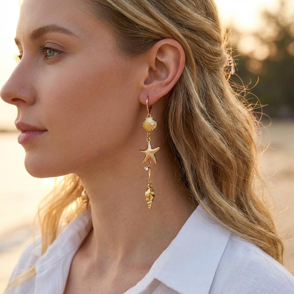 Bohemia Metal Starfish Shell Tassel Drop Earrings for Women Exquisite Imitation Pearl Seashells Earring Summer Party Jewelry
