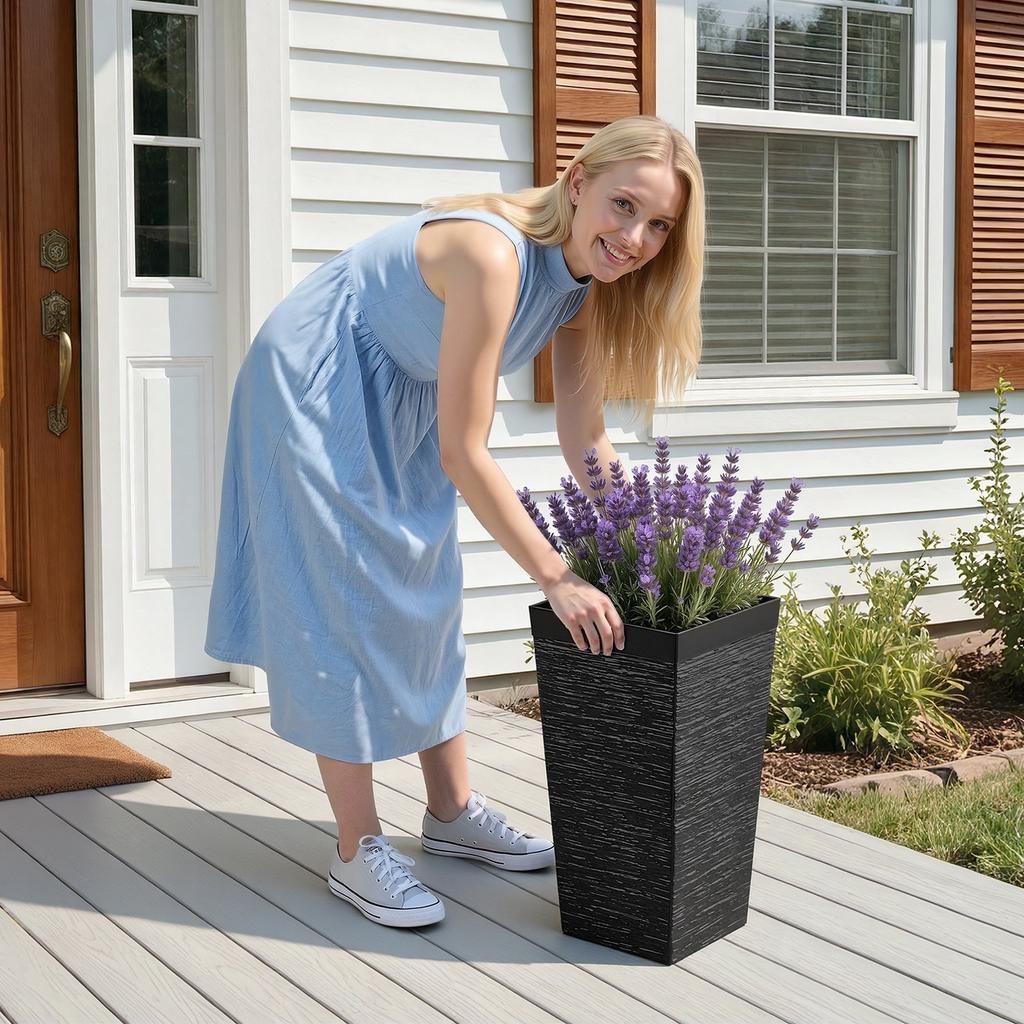 Tall Planters Set of 2, 580 Mm Large Outdoor Taper Planters for Outdoor Indoor Plants, Front Porch Plastic Modern Flower Pots with Casters, Inner Pot