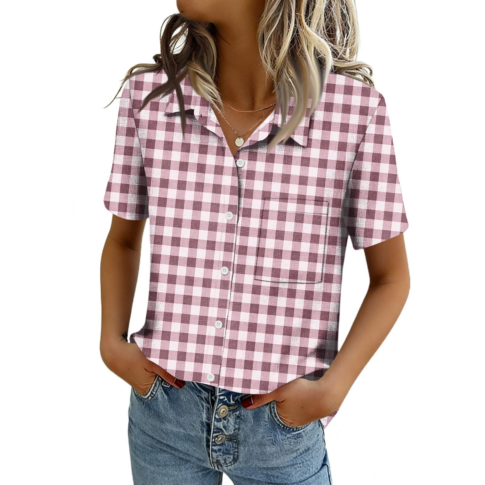 

Women Blouses Short Sleeve Button Down Shirts Business Casual Dressy Work Tops Summer Spring Clothes M