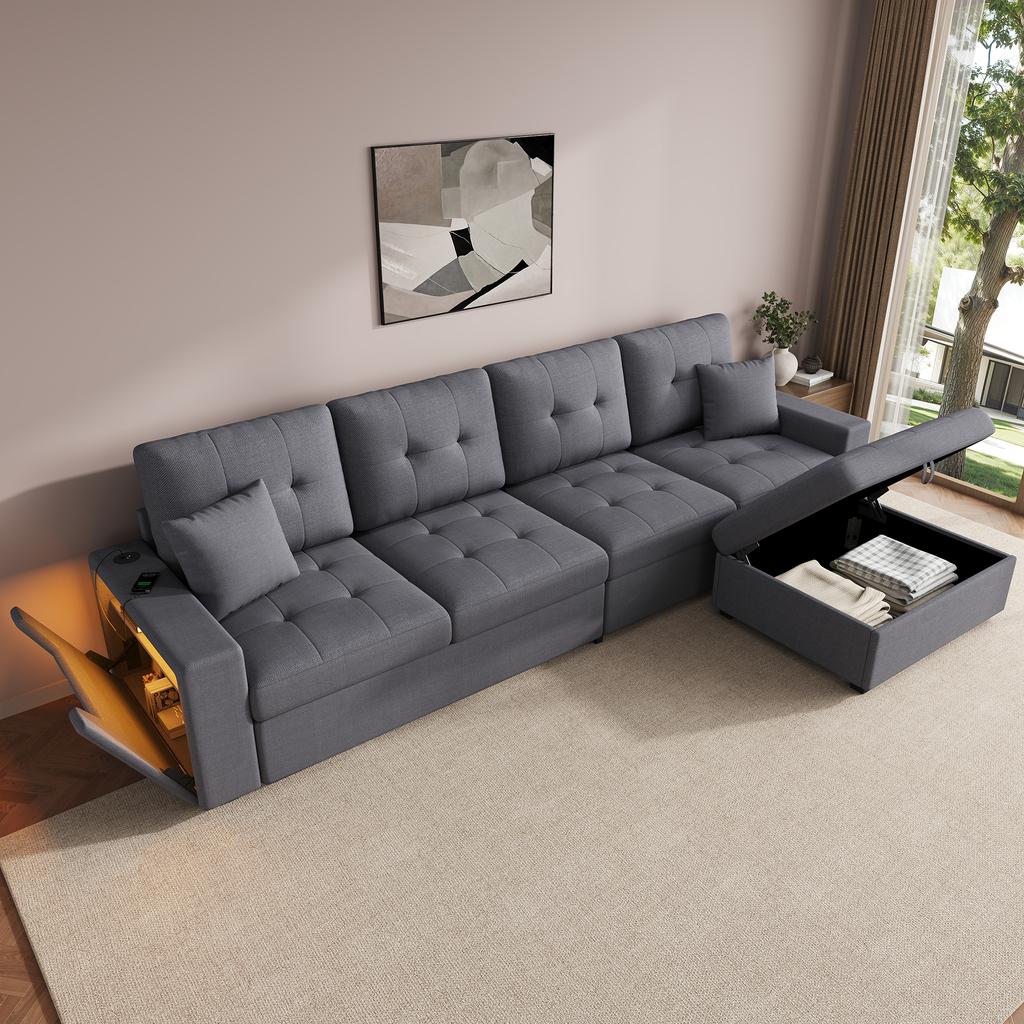 Modular L-Shaped Sofa with Freely Positionable Storage Ottoman, Double Armrest Storage, Charging Ports On Both Armrests and LED Mood Light