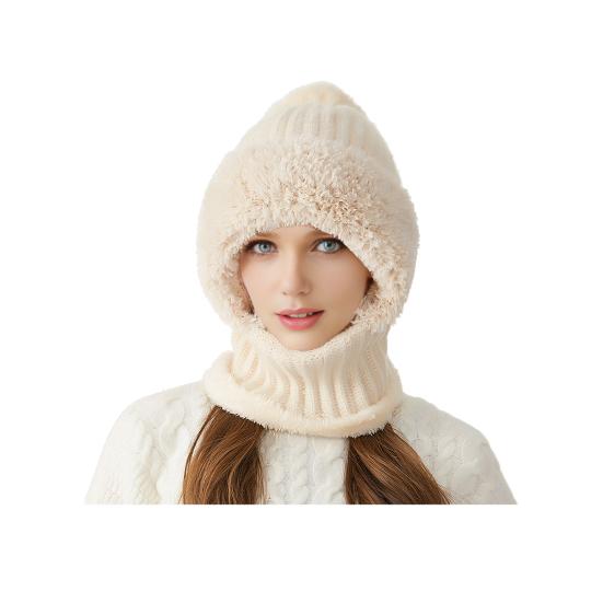 

3 in 1 Women Knitted Scarf Hat Plush Ball Decor Windproof Warm Snow Cap Solid Color Fleece Lining Outdoor Activity Hat