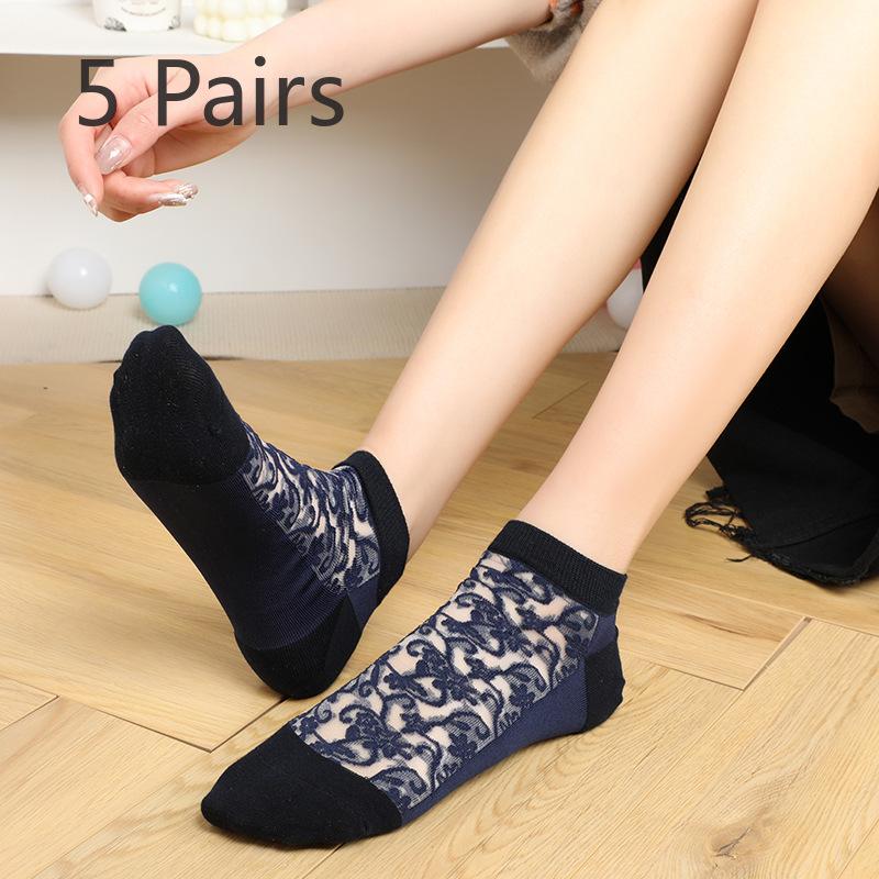 

5 пар тонких ретро носков-следков из хлопка с кристаллами фэн-шуй, на нескользящей подошве, для женщин, на лето 5 Pairs синий
