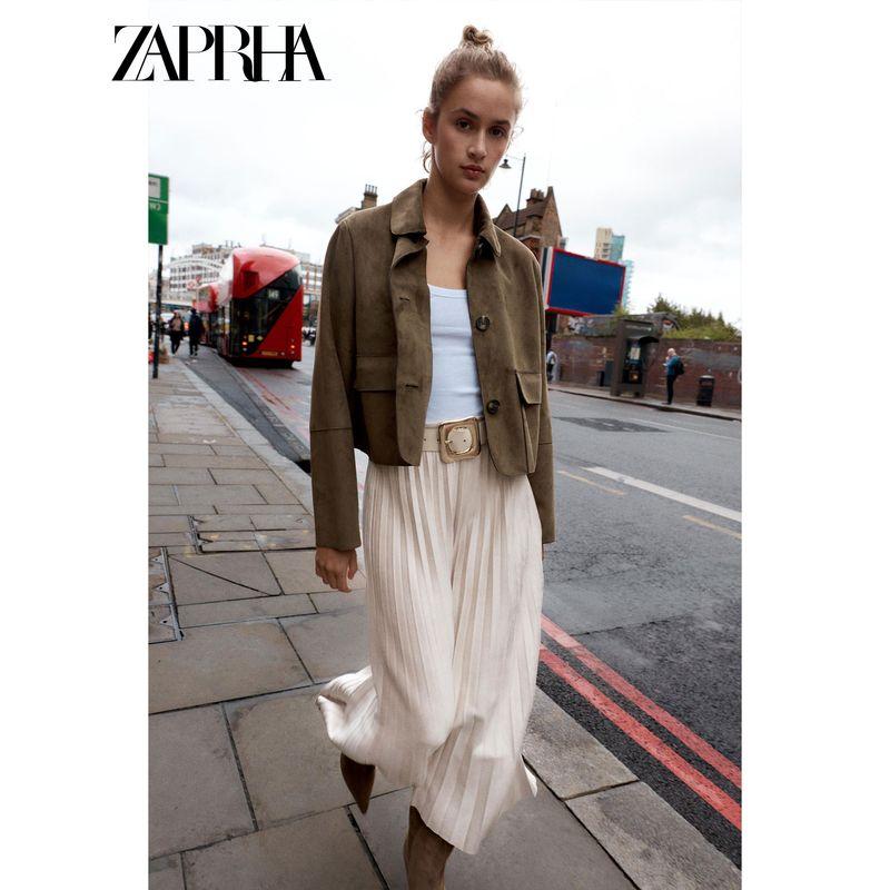 Zaprha 2025 Autumn New With Belt Suede Effect Pleated Midi Skirt High Sense 3046252