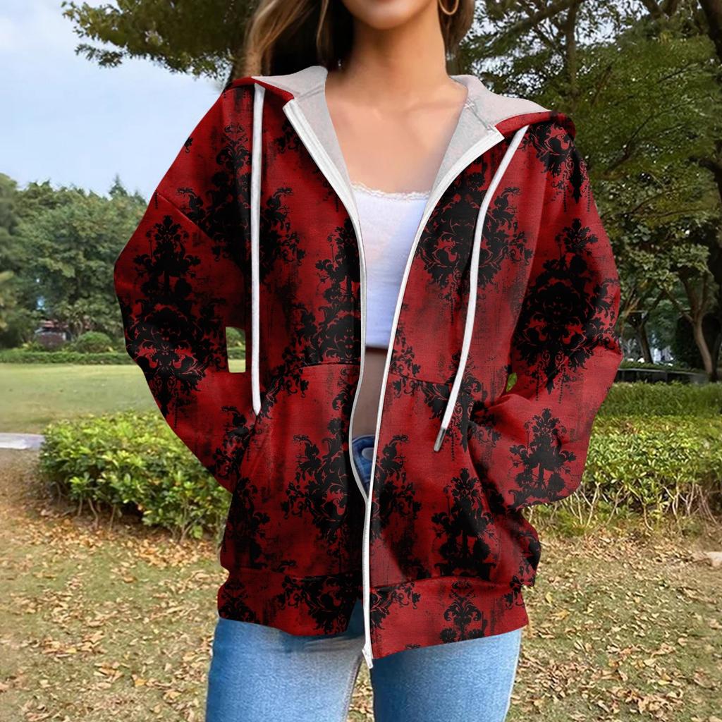 Sweat-shirt à capuche décontracté pour femme à manches longues avec fermeture éclair et cordon de serrage imprimé