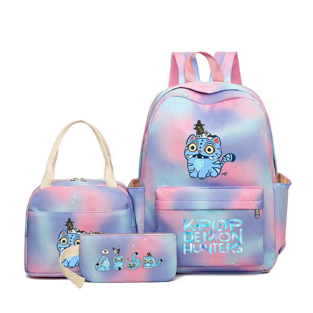 Demon Hunters Three-Piece Children'S School Bag Large Capacity 3D Digital Color Printing Kindergarten School Bag Meal Bag Pencil Bag