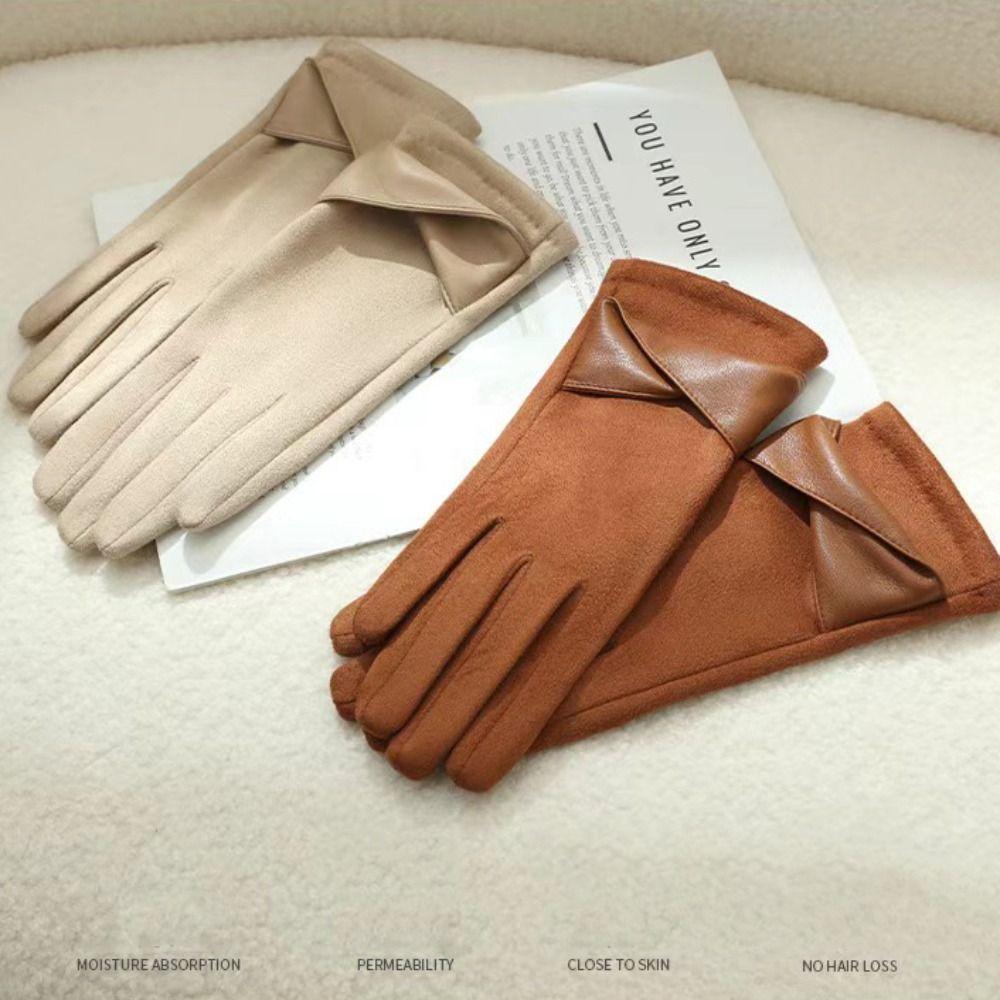 Thick Pu Leather Gloves Velvet Women Cycling Mittens Cute Winter Suede Gloves  Girls