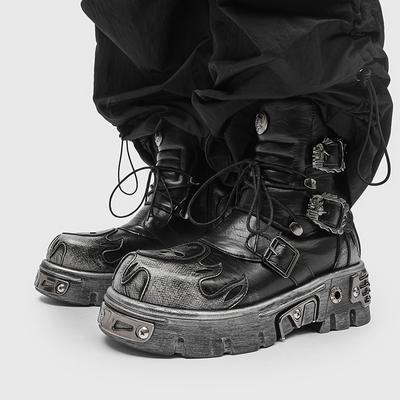 Punkowe Okrągłe Palce Gruba Podeszwa Platforma Gruby Obcas Metalowa Dekoracja Płomienie Sznurowane Męskie Buty Letnie Jednolity Kolor Retro Gotyckie Buty