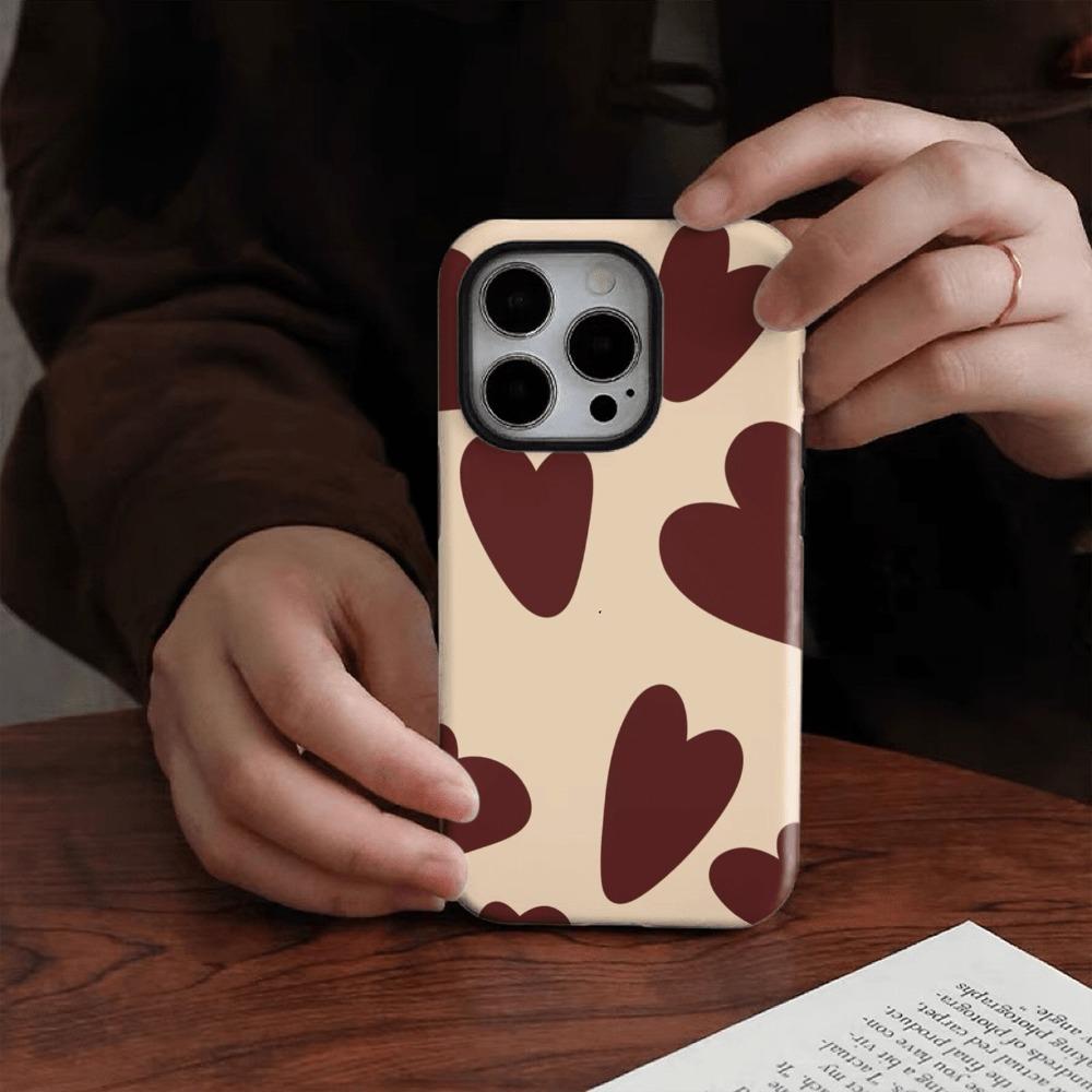 Red Brown Heart-shaped Fashionable Phone Case Suitable for iPhone17, 16, 15, 14,13Pro/Max/Plus Anti Drop Double-layer Back Cover