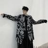 Le Sucood Monochrome Mosaic Japanese Style Shirt Long Long Shirt Loose Casual Japanese Long Street Mode Harajuku Blue Letter Style Cardigan, Shirt,