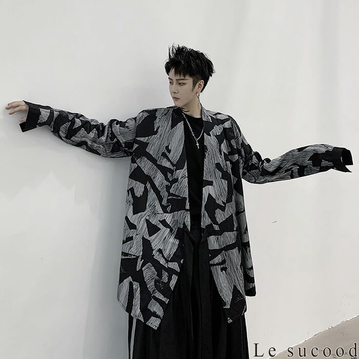 Le Sucood Monochrome Mosaic Japanese Style Shirt Long Long Shirt Loose Casual Japanese Long Street Mode Harajuku Blue Letter Style Cardigan, Shirt,