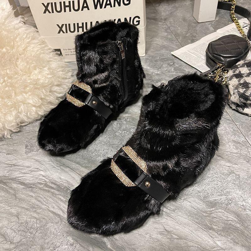 

Зимние новые ботинки на низком каблуке, женские, с круглым носком, плюшевые, с боковой молнией, с металлической пряжкой, противоскользящие, износостойкие, короткие ботинки 40 чёрный