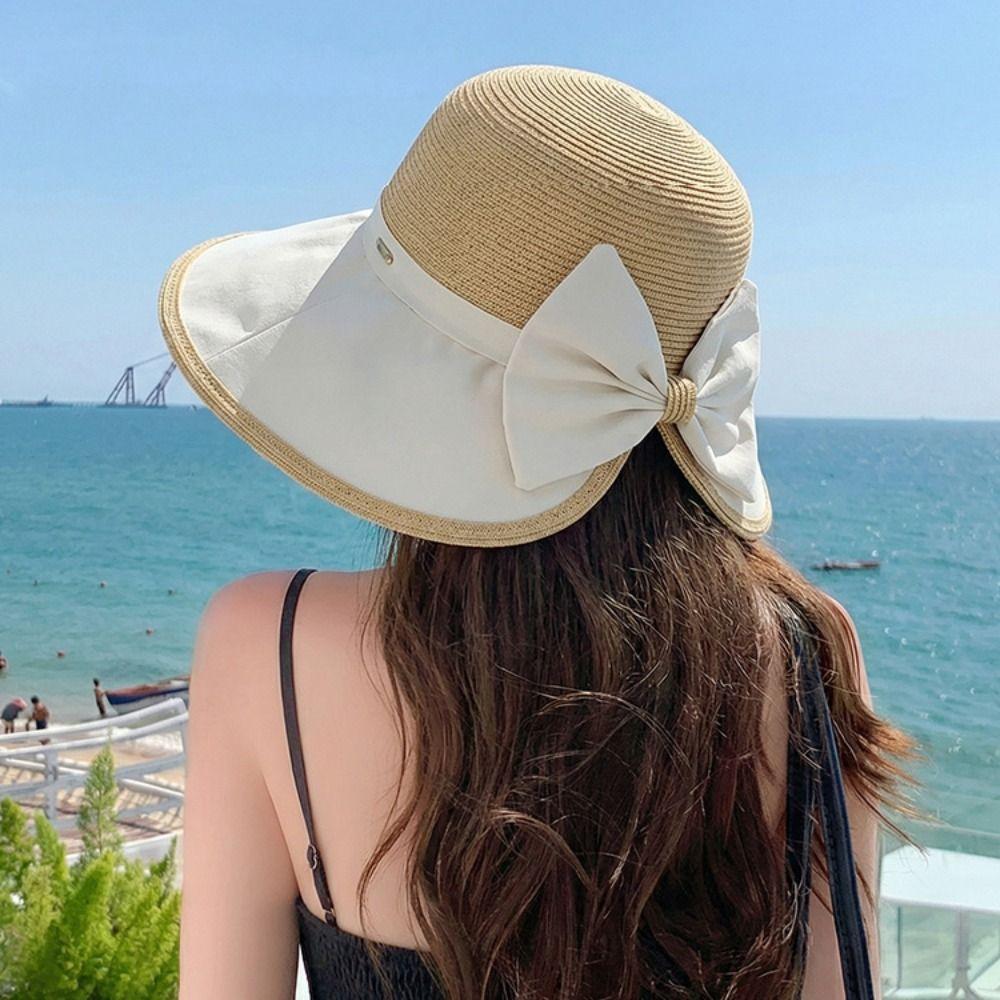 Wide Brim Bow Fisherman Hat Weave Straw Hat Fashion Sun Cap  Climbing