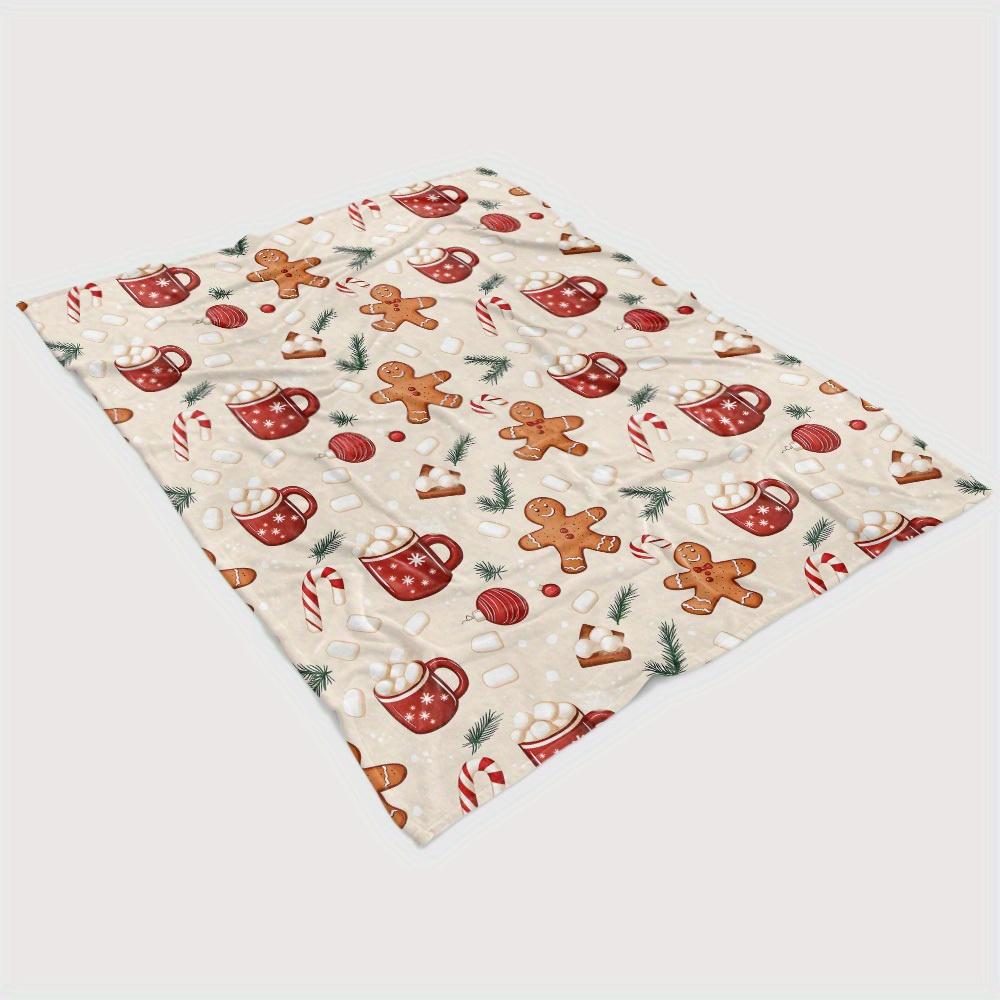 1pc Cozy Christmas Flannel Fleece Throw Blanket - Contemporary Style, Cartoon Gingerbread Man & Red Coffee Cup Print