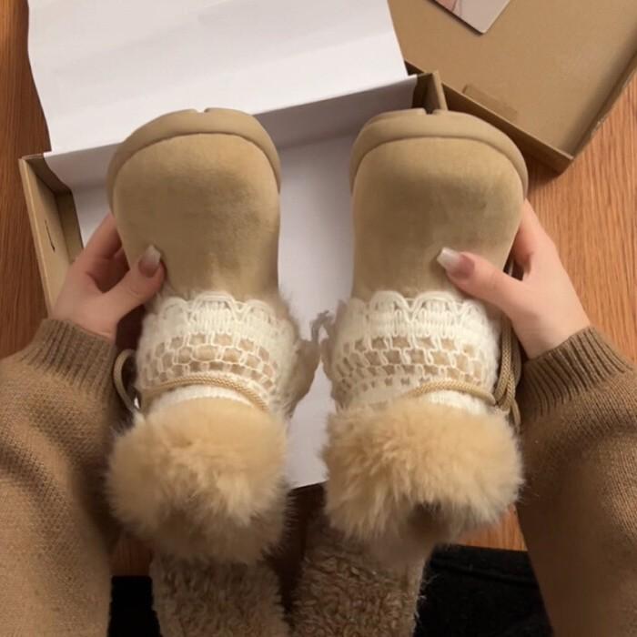 Pelzintegrierte Schneestiefel mit dicker Sohle Damen 2025 neue Winter Ein-Pedal flauschige Schuhe mit Plüsch-Thermo-Baumwollschuhen