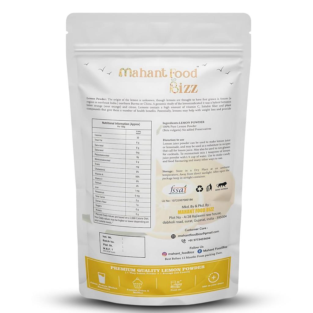 MAHANT FOOD BIZZ Natural Lemon Powder 200gm Pure Dehydrated Citrus Lemon Juice Powder No Added Preservatives Used In Cooking Beverages Baking Smoot