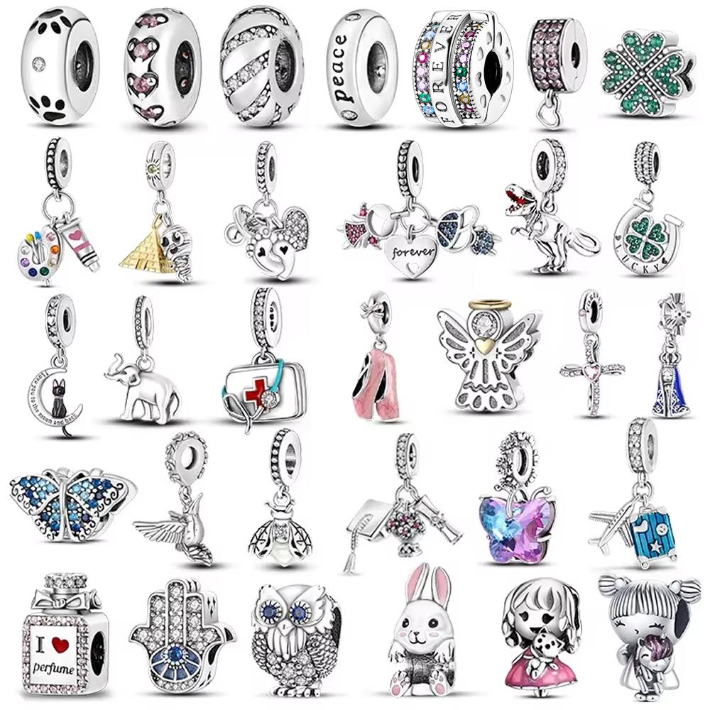 925 Silver Plated Rabbit Charm Beads CZ Owl Butterfly Pendant DIY Jewelry for Women Girls Bangle Bracelets