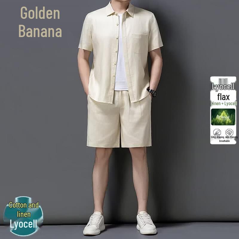 

Men s Lyocell-Linen Casual Short-Sleeve Two-Piece Set L