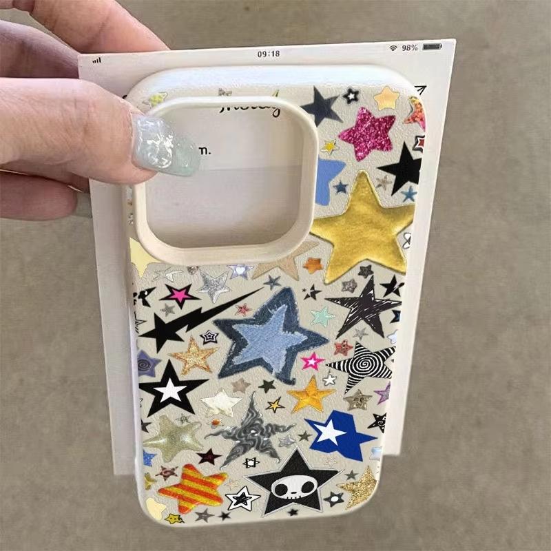 Stylish And Colorful Star-Pattern Phone Case For iPhone 17 Pro Max 16 Plus 15 Pro 14 13 12 11 XR 17Air Lychee Textur Soft Cover