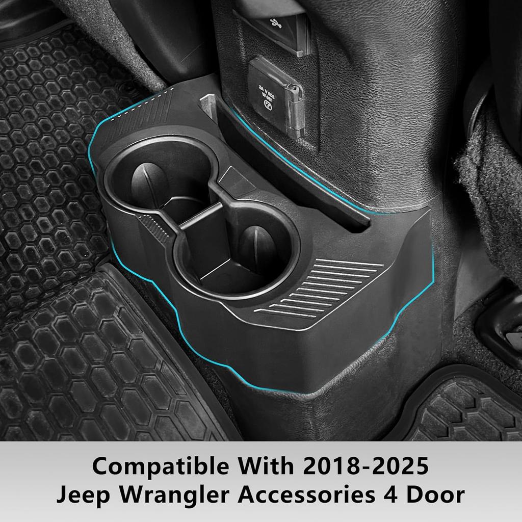 Rear Cup Holder for Jeep Wrangler JL Accessories, Back Seat Cup Holder, Floor Console Mounted Drink Holder for 2018- Jeep Interior Accessories 4 Door