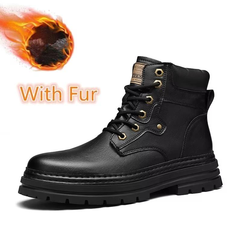 Fashion Man Round Toe Style Outdoor Motorcycle Boots Warm Plush Fur Winter Boots for Men Genuine Leather Basic Boots Comfy Outdoor Shoes