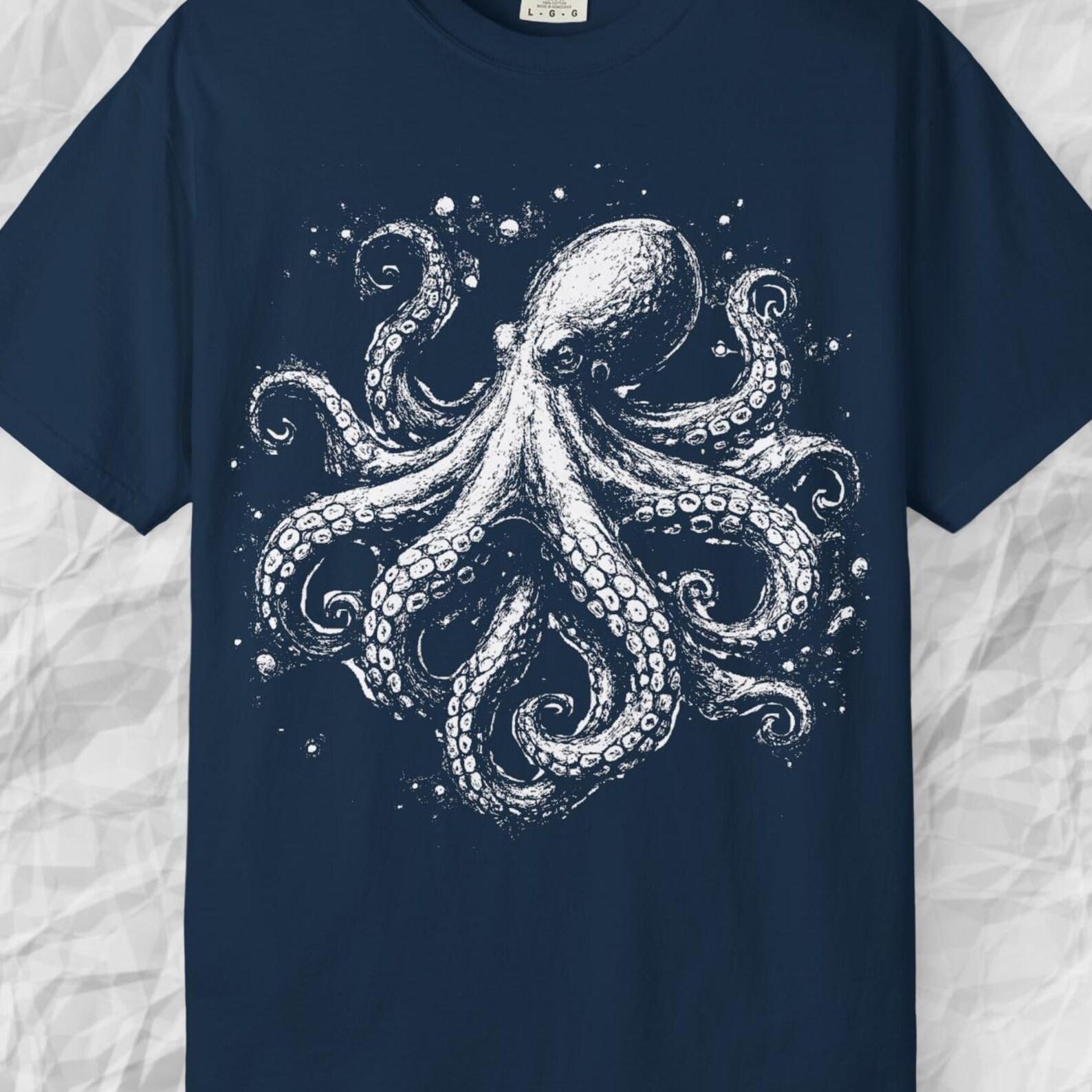 Футболка Comfort Colors с осьминогом, Морская футболка с кракеном, Футболка с морским животным, Футболка с морской жизнью, Футболка с морским осьминогом, Подарок для любителя океана 3XL