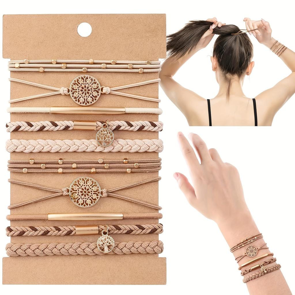10pcs/set Bohemian Style Women's Bracelet Hair Ties Set, Elastic No-Damage Braided Ponytail Holders with 5 Stylish Dual-Purpose Wristbands