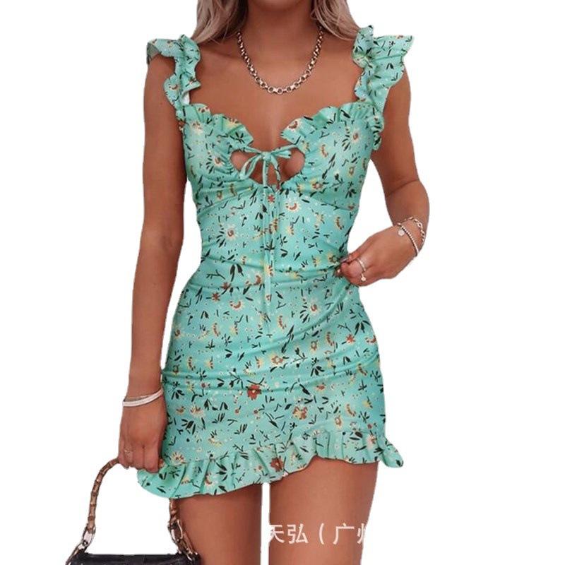 2023 European and American New Amazon Short Suspender Short Ruffle Edge Floral Dress In Stock