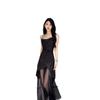 Chic French Black Spaghetti Strap Mesh Long Dress - Women's Summer Sexy High-End Fashion