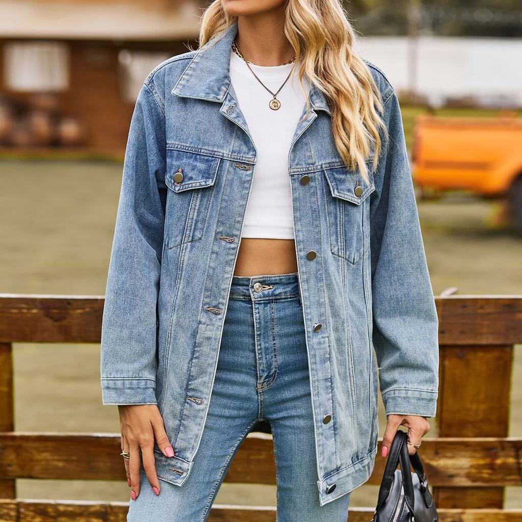 Damska klasyczna luźna kurtka jeansowa vintage
