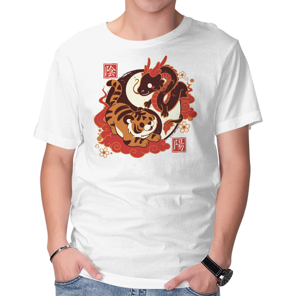 Unisex Crew Neck T-Shirt Yin And Yang Tiger Dragon Graphic Short Sleeve Casual Tee XXXL
