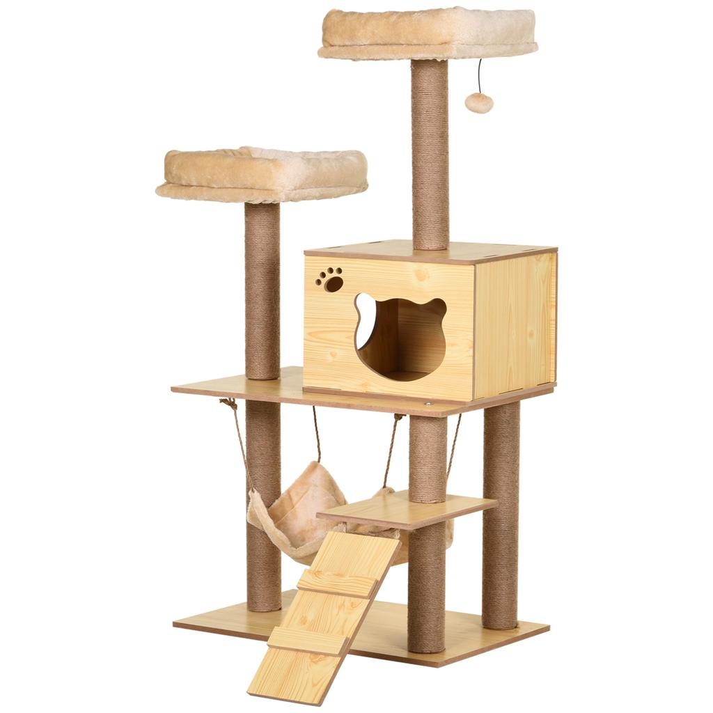 Cat Scratching Post with House, 2 Beds, Hammock and Ball, Made of Wood, Polyester and Sisal, 60x40x130 cm