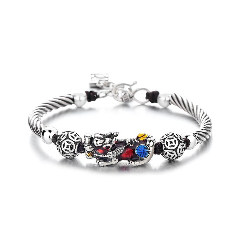 New retro ethnic-style landscape cloisonné enamel Pixiu bracelet, unisex, with an aged finish, handmade with resin and creative weaving techniques