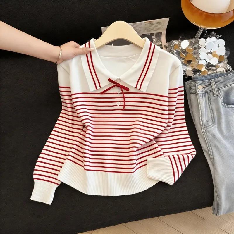French Sweet Bow Striped Sweater for Women with Lapel Loose Sweater for Small People Autumn and Winter Casual