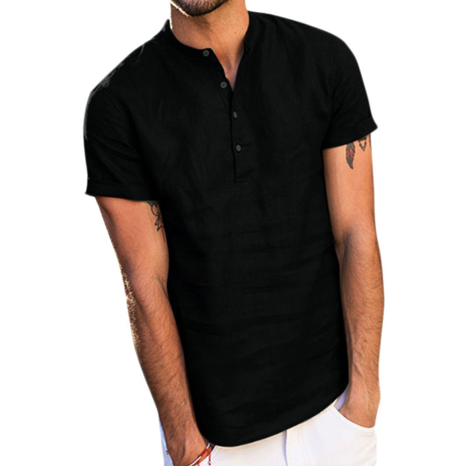 Men s Summer Solid Color Stand Collar Short Sleeve Shirt Button Front Linen Cotton Blend Casual Lightweight Breathable Top XL чёрный