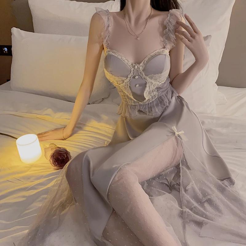 

Пижама для женщин, милые рукава-крылышки, летнее платье до середины икры с сетчатой подкладкой, V-образный вырез, сексуальная пижама для женщин L